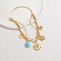 Bracelet double couche en acier inoxydable plaqué or 18K avec breloques papillon et fleurs - Papillon Tournesol Gemme Goutte / Or - Style Gemme Goutte (B1155-A)