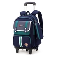 Kids lightweight rolling school bag in navy and green with giraffe patch and pencil case - 2-Wheel Trolley / Dark Blue with Green