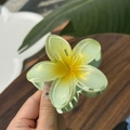 Macro detail of Frangipani hair claw clip showing gradient green petals and glitter texture - Plumeria Jelly Texture / Yellow-Green