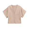 Flat lay of beige short-sleeve knit cardigan with V-neck and ribbed texture detail - S / Nude