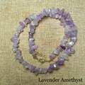 Macro view of lavender amethyst crystal necklace with golden adjustable lobster clasp - Lavender Amethyst