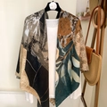 Linen cotton large square shawl with dark green and brown leaf patterns - 130*130cm / Abstract Leaf Patchwork (MZF-124)