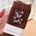 Brown ribbed knit socks featuring a sparkling rhinestone bear decoration and stylish design - One Size (EU 34-39) / Caramel color