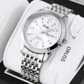 Silver quartz watch with white dial, roman numerals and day-date display on steel bracelet - Silver White Face