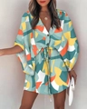 Women's V-neck dress with colorful geometric floral print and fluttering sleeves - S / Geometric