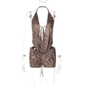 Detail of sexy halter top and shorts with brown animal print and tie-up front design - S / Tiger Print