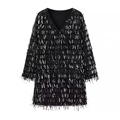 Elegant black V-neck mini dress with sparkling sequins and fringe tassels for parties - XS / Black