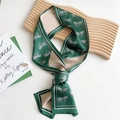 Forest green skinny silk scarf with white horse pattern and geometric trim on wood - Horse Ripple Patchwork Green