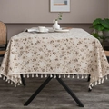 Close-up of linen table runner with floral patterns, dragonflies and fringe details - 60*60cm / Dandelion with Beige Tassels