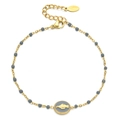 Detail of gold stainless steel bracelet with gray beads and religious medal charm - Gray