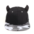 Fashionable black devil horn snapback hat with grey camouflage flat brim for street style - Black Hat with Grey Camouflage Brim