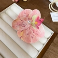 Pink fabric lily hair claw with purple dots and a white pearl in a velvet jewelry box - Pink Large Duckbill Clip (48#)