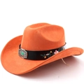 Detail of orange suede cowboy hat with floral leather band and green turquoise buckle - M(56-58cm) / Orange