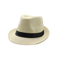Detailed weave of beige straw fedora hat featuring a classic black grosgrain ribbon band - M (56-58cm) / Beige