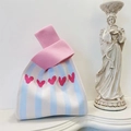 Pink heart and blue striped knitted tote bag with wide strap on white surface - Pink and Blue Stripe Heart