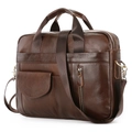 Men's dark brown leather briefcase with adjustable shoulder strap for business commute - Brown