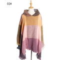 Women's plaid hooded poncho with mustard and purple color blocks and fringe trim - 02# Pink