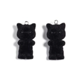 Pair of cute black flocked resin bear charms with metal rings for DIY jewelry making - Black Cat