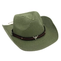 Detail view of olive green straw cowboy hat featuring a silver bull head metal buckle - One Size / Bean Green