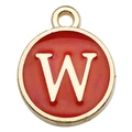 Golden round pendant with red enamel finish featuring the white uppercase letter W - Letter W Style / 1 Piece (12x14mm) / Red