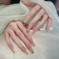Handmade nude gradient long almond press-on nails with French gold tips and rhinestone - By1517 Golden Silk Jade Breast / Glue Type