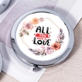 Round silver portable makeup mirror with watercolor floral pattern and 'Love' quote - All You Need Is Love