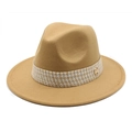 Classic khaki fedora hat with tweed ribbon and gold M metal buckle for women - Camel