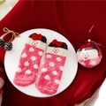 Pink coral fleece Christmas socks with white polka dots and a 3D red bow in gift ball - Kids Size (Without Ball) / Pink Girl/Bear