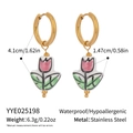 Detail van de afmetingen van vintage tulp emaille keramische roestvrijstalen oorbellen - Roze Tulp Hanger (YYE025198)