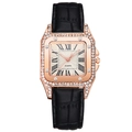 Montre carrée en or rose pour femme avec chiffres romains et lunette en strass brillants - Noir