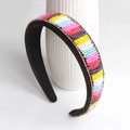 Handmade velvet headband with colorful pastel beads and rhinestone trim on white vase - Multicolor Hand-woven Seed Beads (Series 16-2)