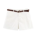 Women's white casual shorts with a slim brown belt, flat lay front view minimalist style - XS / White