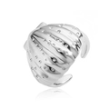 Macro shot of silver shell ring with white rhinestones and adjustable open band - Style E / Ring / White Gold
