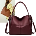 Women's large capacity burgundy tote bag in lychee pattern leather with shoulder strap - Side Zipper Stitching Style / Red