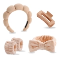 Detailed set of beige plush spa headband, wristbands and matching hair clip accessories - Light Coffee 5pcs Set (Headband, Hair Clip, Scrunchies, Wristbands)