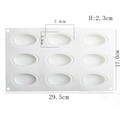 Detailed size chart for 9-cavity silicone banana cake mold showing exact dimensions - 9-Hole Groove Mango