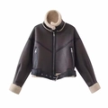 Women's dark brown faux leather motorcycle jacket with cream faux shearling lining and belt - XS / Dark Brown