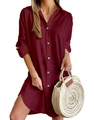 Detail of burgundy long sleeve shirt dress with wooden buttons and textured fabric - Burgundy