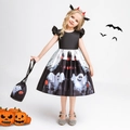 Detail view of girls' Halloween dress with ghost prints and matching drawstring bag - 130cm / WS016-Black (With Bag)