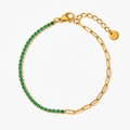 Gold paperclip chain bracelet with emerald green zircon tennis links and lobster clasp - Gold-Green Bracelet