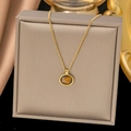 Elegant gold-plated stainless steel necklace with round Aventurine stone pendant on gift box - Oval Tiger Eye (H406)