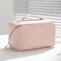 Trousse à maquillage en cuir PU rose à rayures verticales et lettrage doré chic - Rose