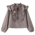 Camicia a quadretti marroni da donna con colletto a balze, lacci e maniche a lanterna - XS / Quadri Marroni