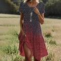 Detailed view of the gradient vintage damask pattern and short sleeves on this midi dress - XS / Top And Bottom / Red Grey