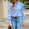 Blue high-neck long sleeve blouse with gold polka dots and stylish puff sleeves - S / Blue