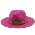 Detail of rose red straw hat featuring a brown faux leather band with silver metal studs - M (56-58cm) / Rose Red