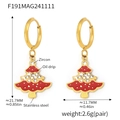 Detail view of red enamel Christmas tree earrings with zircon in stainless steel gold - Enamel Christmas Tree Drop Earrings (TXF191)