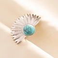 Detail of 304 stainless steel ring featuring a fan shape with a turquoise stone inlay - Silver Light Blue Style (J545-S-LB)