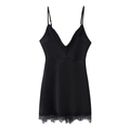 Elegant black satin slip dress with delicate eyelash lace trim and thin shoulder straps - S / Black