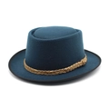 Detail of navy wool felt hat with brown braided band and black piped edge trim - M (56-58cm) / Teal